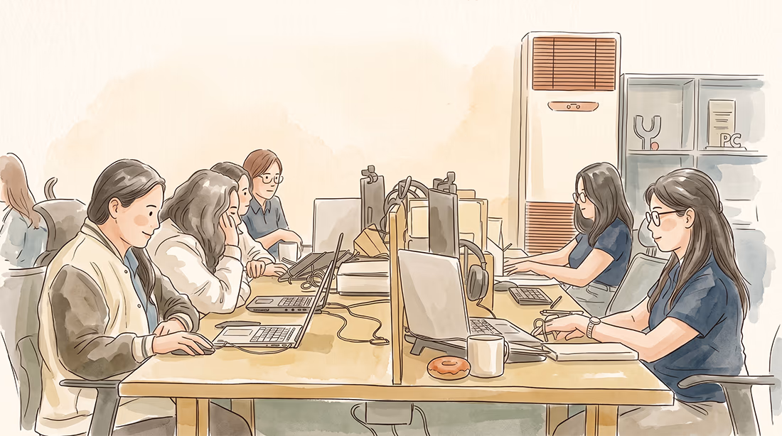 Watercolour illustration of university faculty and developers collaborating around laptops in a tech office