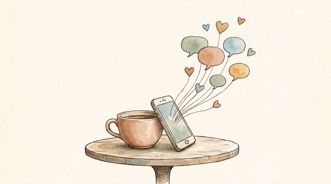 Watercolour illustration of a smartphone on a cafe table with speech bubbles and hearts drifting upward