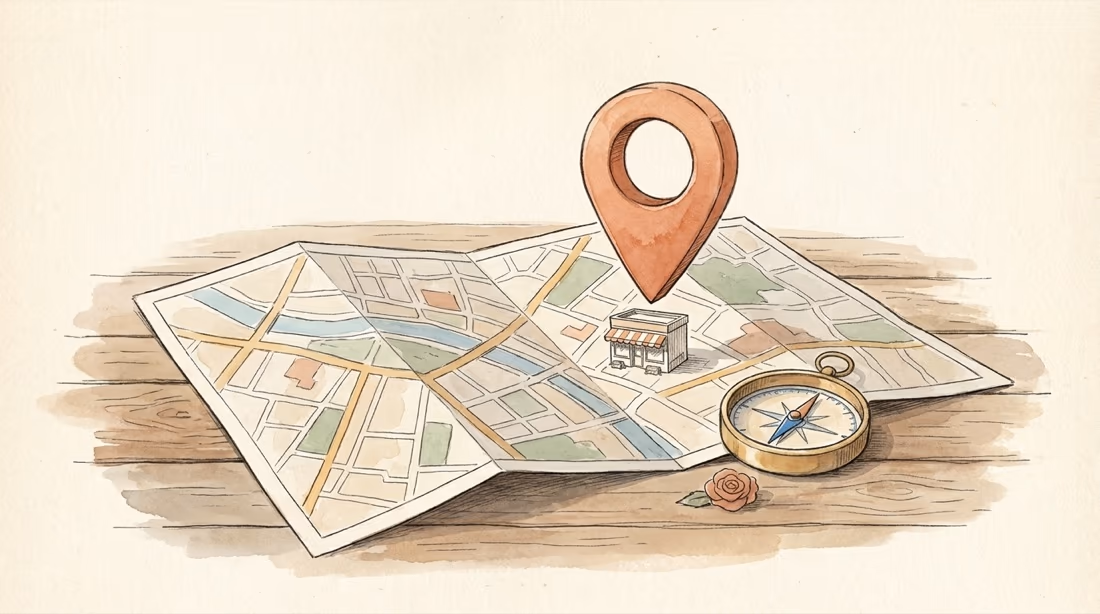 Watercolour illustration of a street map with a large location pin standing over a tiny shopfront