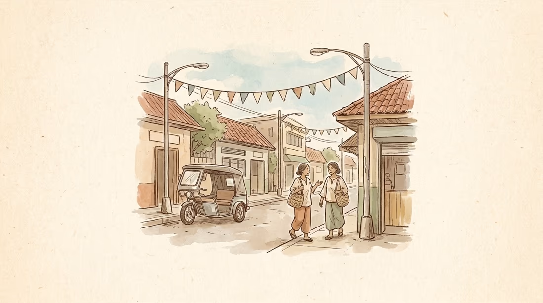 Watercolour illustration of neighbours shopping along a small city street with a tricycle parked outside