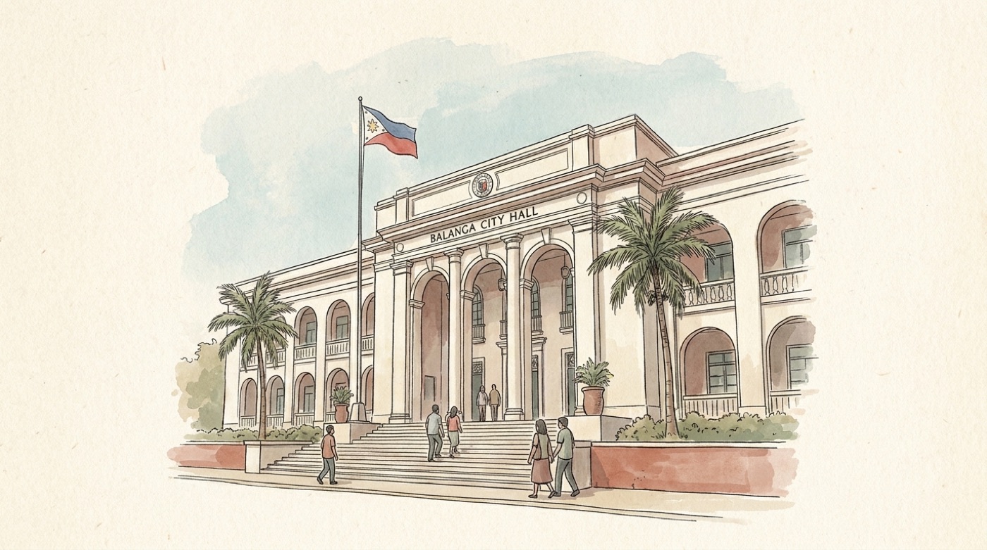 Watercolour illustration of the white neoclassical Balanga City Hall with the Philippine flag