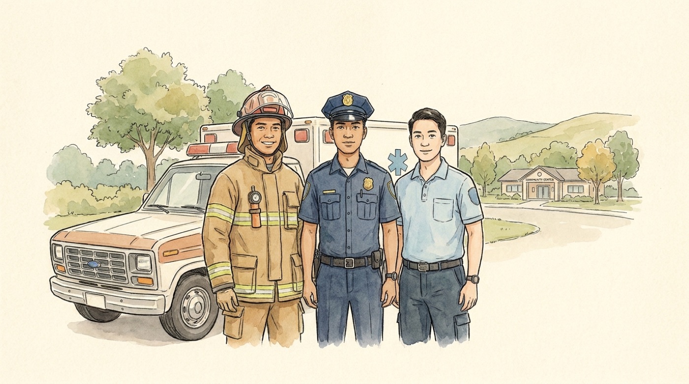 Watercolour illustration of a Filipino fireman, policeman and paramedic standing side by side in front of an ambulance