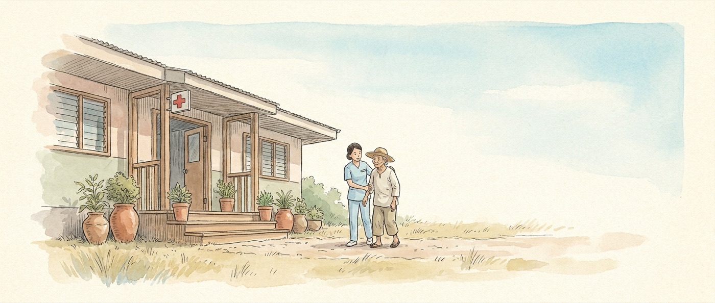 Watercolour sketch of a provincial hospital, a nurse helping a patient along the front path