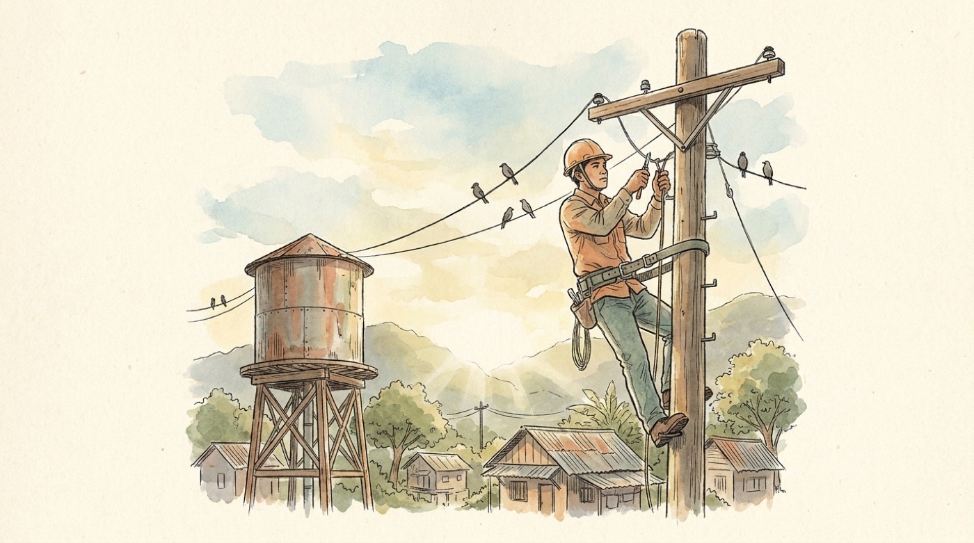 Watercolour illustration of a lineman up an electricity pole beside a small town water tower