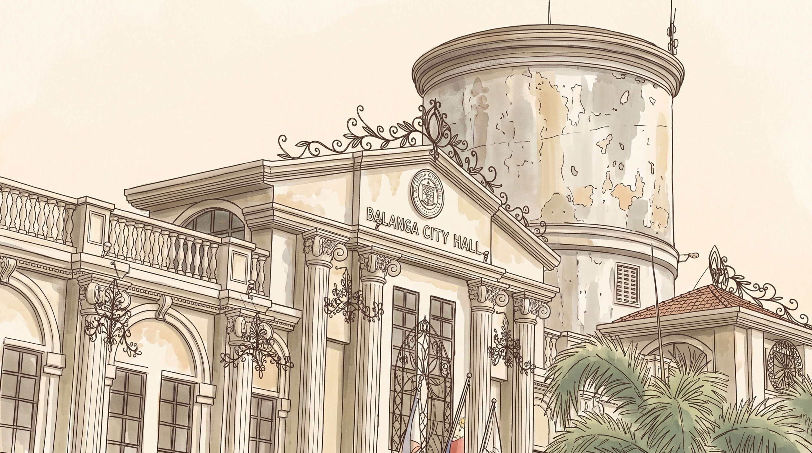 Watercolour illustration of Balanga City Hall and community partnership