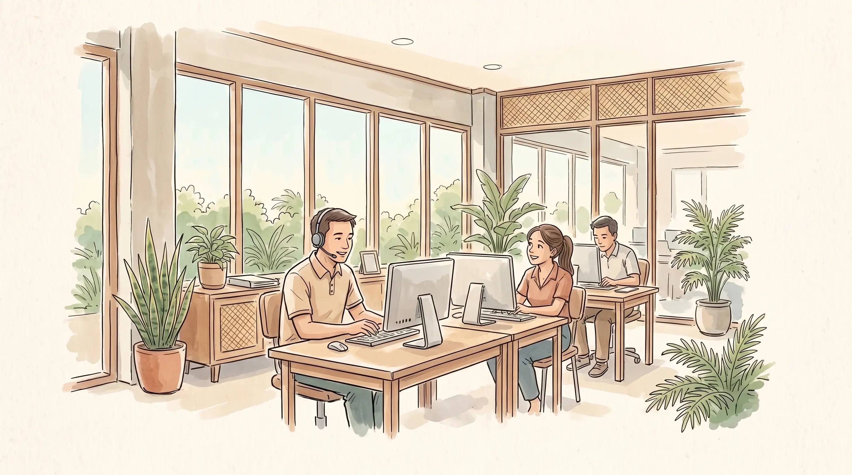Illustration of a Yoonet team member at work in a bright, plant-filled office
