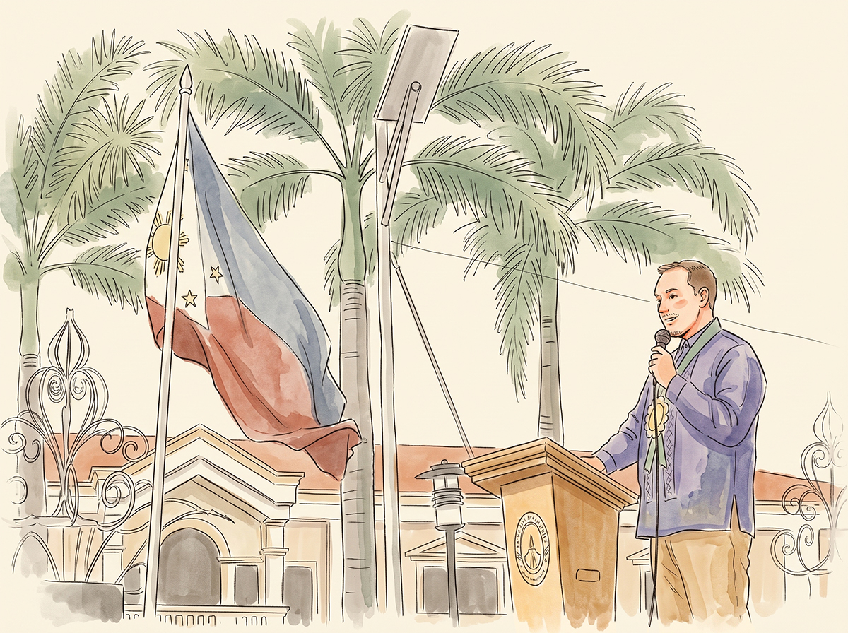 Hand-drawn watercolor illustration of the City of Balanga at golden hour